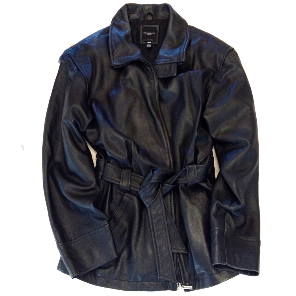 Black Leather Jacket Colebrook Coat belted Size M